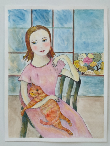 Muchacha con gato | Mora  Castela | Painting | Safe Creative